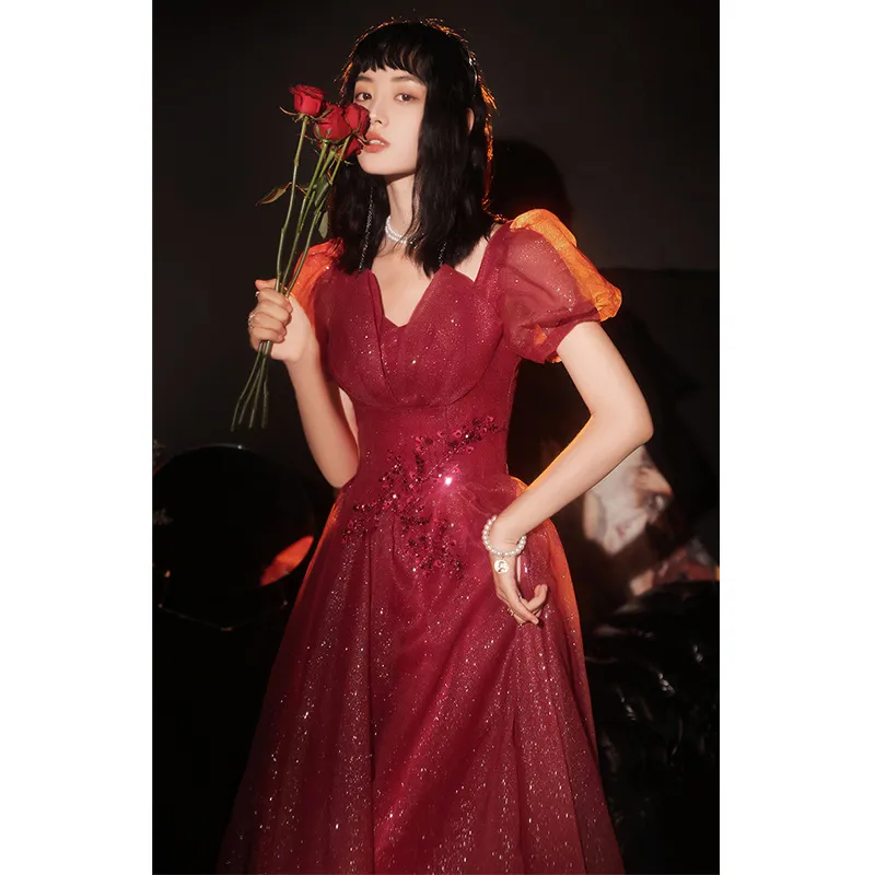 HOOR Women Luxury Puff Sleeve Backless Shiny Prom Gown - Claret-2Xl