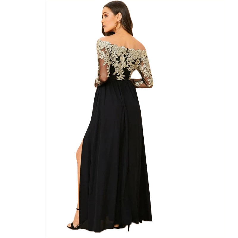 Embroidered Mesh High Slit Dress