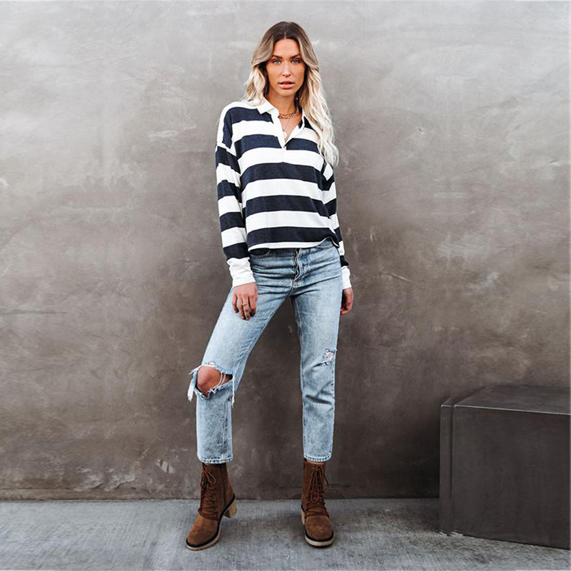 Ladies Striped Print Lapel Collar Button Long Sleeve T-Shirt