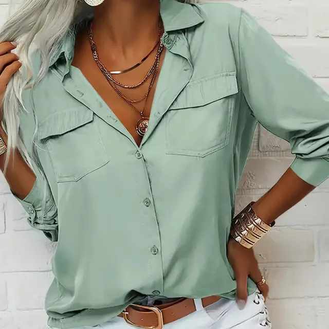 Women's Solid Color Lapel Long Sleeve Shirt Classic Button Down Blouse With Chest Pocket For Spring And Fall Jade Green - Shop at LoveMi
