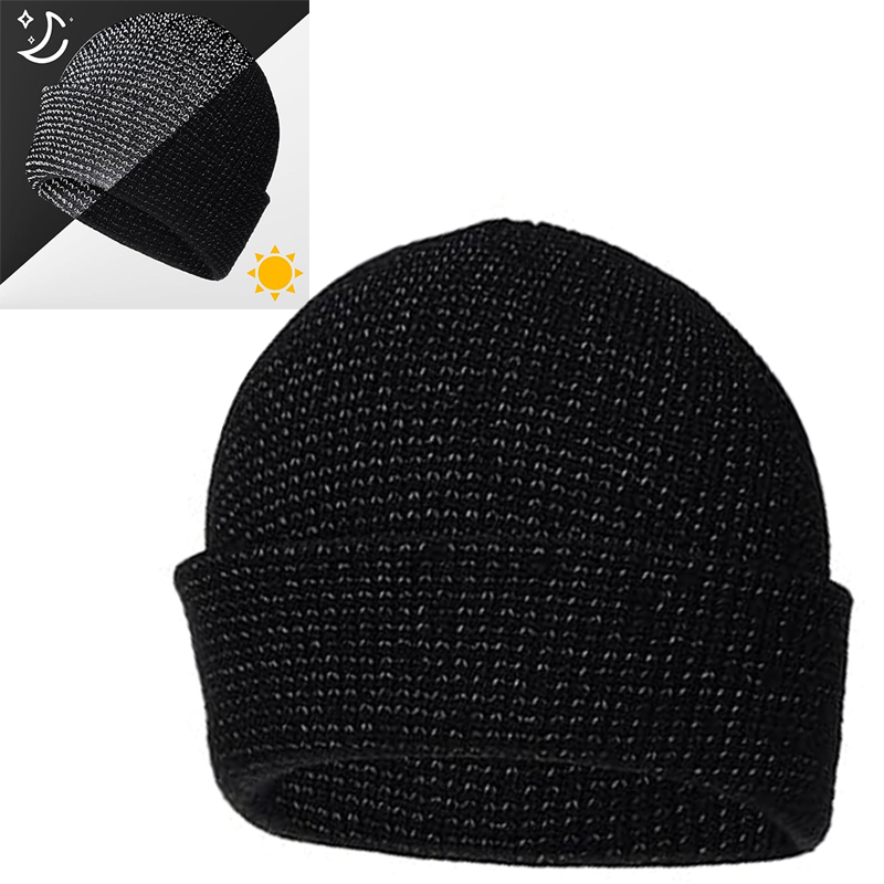 Black Winter Windproof Hat Knitted Reflective Beanie Thick Warm Cap — image 3