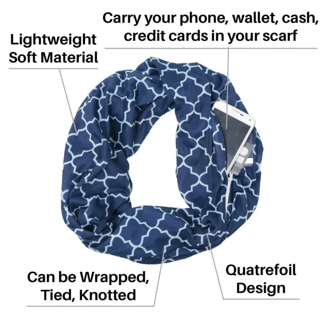 Knitted Infinite Zipper Pocket Scarf Four Petal Flower Print Bib Navy Blue - Shop at LoveMi