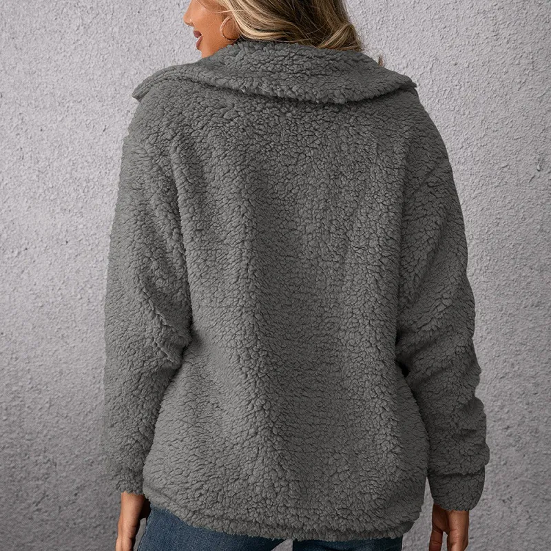 Loose Casual Lapel Plush Jacket Lamb Fleece Coat - Dark Grey