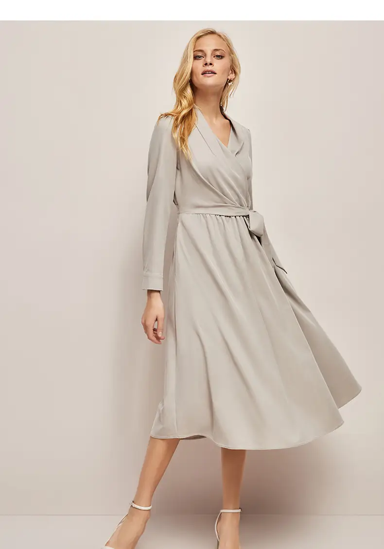 French Dress Women's Long-sleeved Tencel Lace-up Waist