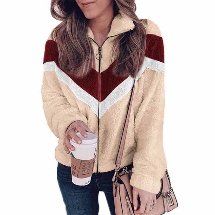 Autumn And Winter Women's Plush Sweater Zipper Cardigan Hit Color Woolen Coat Top