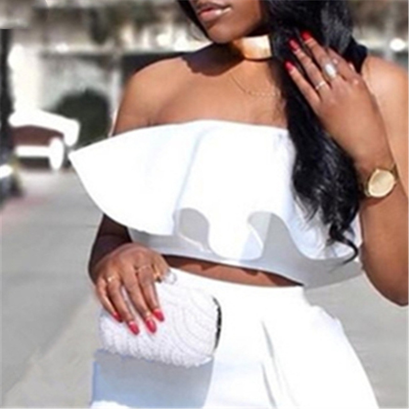 Women's Fashion Solid Colour High Waisted Skirt Top Two Piece Set White - Shop at LoveMi