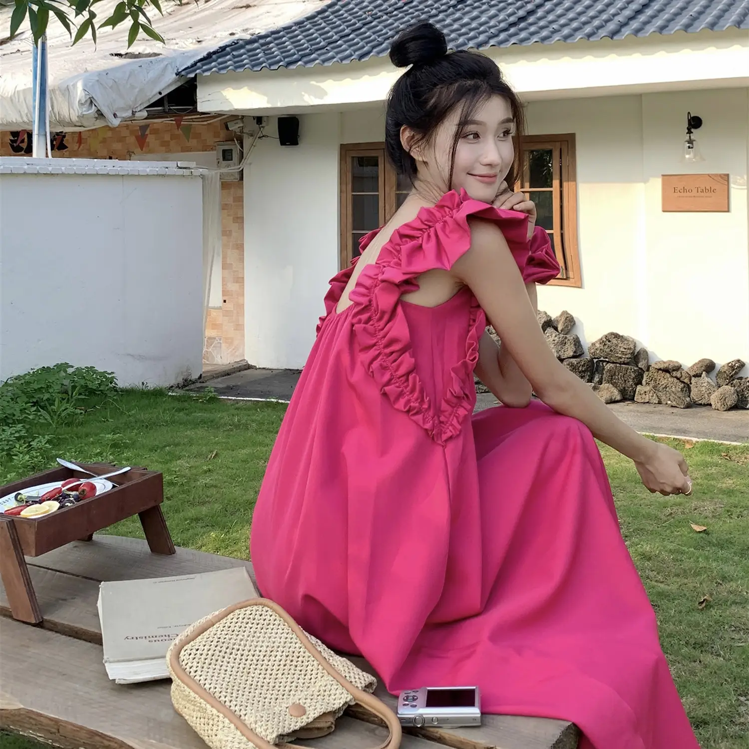 Temperament Rose Red Flying Sleeves Square Neck Dress For Women