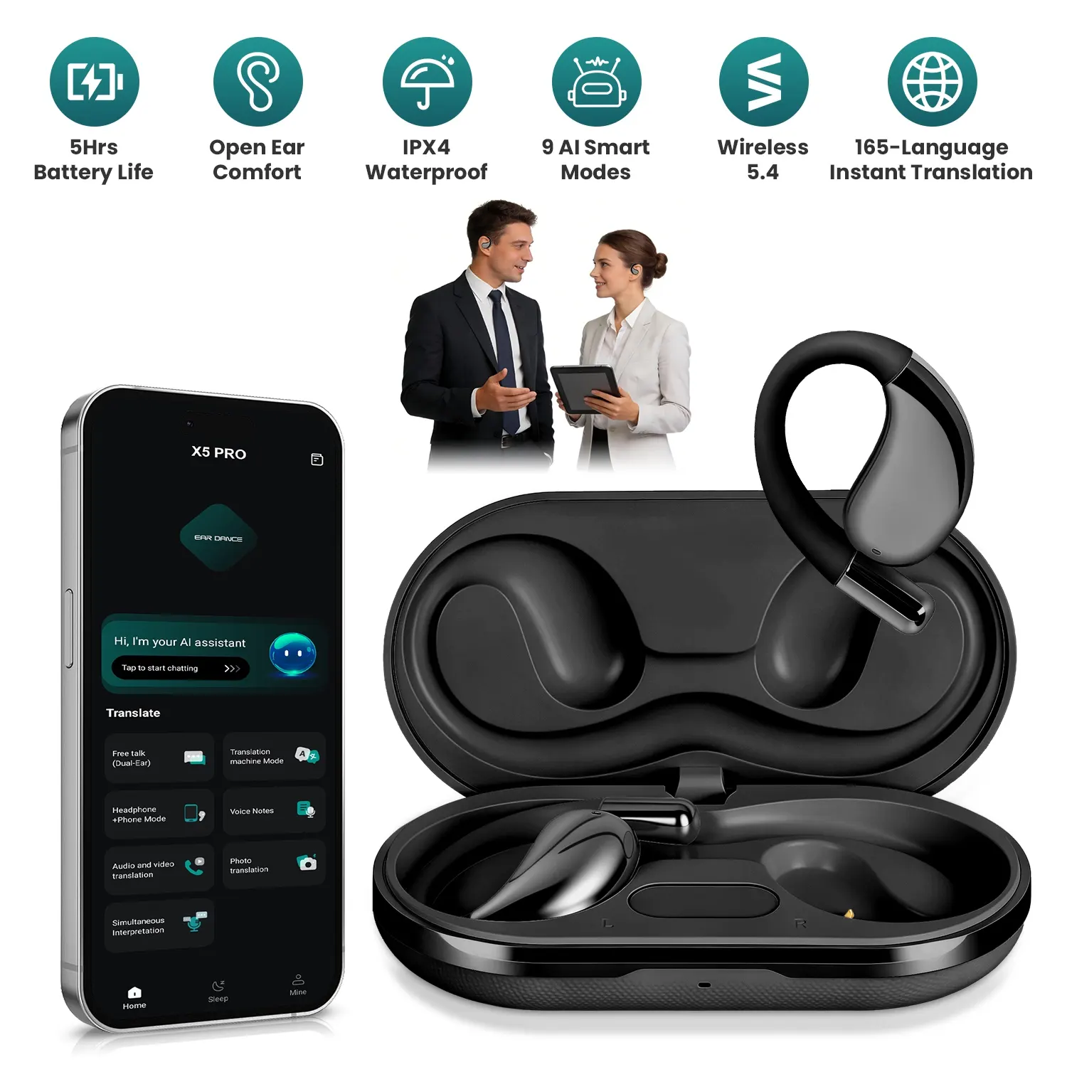 Open-Ear AI Translation Earbuds 165-Language Real-Time Headphone