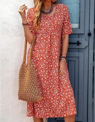 Pocket Short Sleeve Casual Midi Shirt Dress - Orange