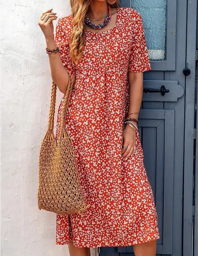 Pocket Short Sleeve Casual Midi Shirt Dress - Orange