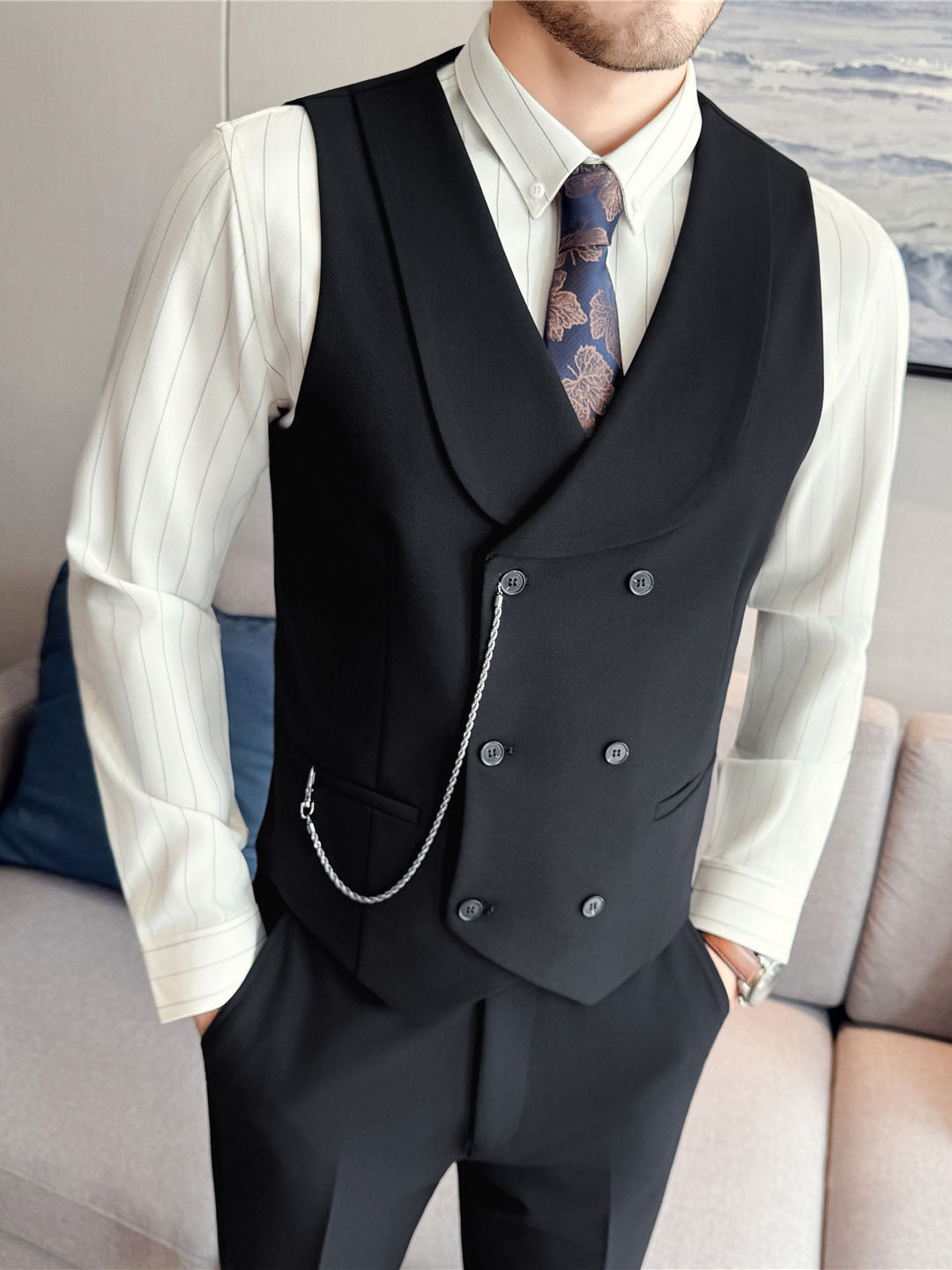 Men's Yarn-dyed High Double-breasted Shawl Collar Vest