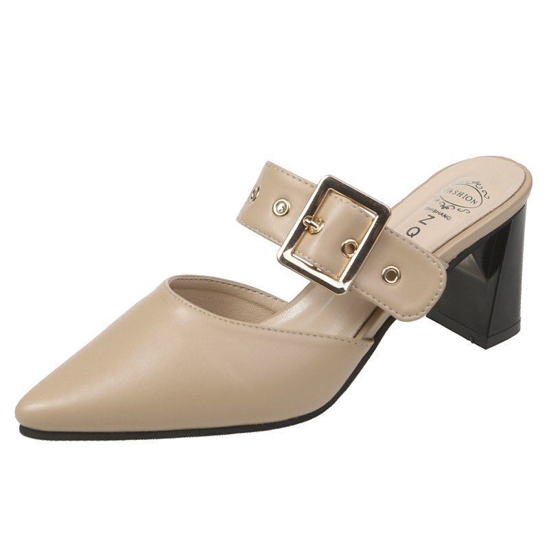 New Fashion Belt Buckle Pointed Thick Heel Mid Heel Muller Sandals And Slippers Apricot - Shop at LoveMi
