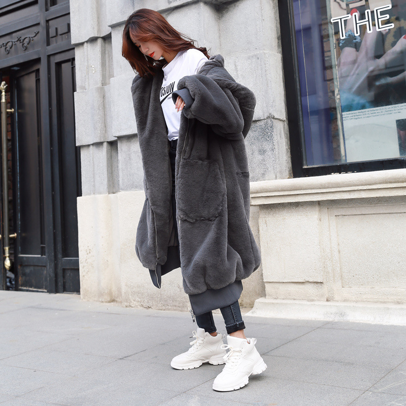 Loose Thick Warm Long Hooded Fur Coat Women Jacket Grey - Shop at LoveMi