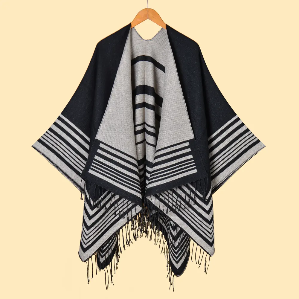Women's Minimalist Frame Horizontal Stripe Tassel Split Warm Shawl