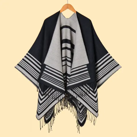 Women's Minimalist Frame Horizontal Stripe Tassel Split Warm Shawl