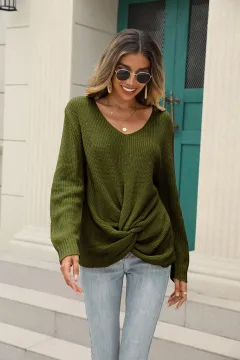 Women's V-neck New Pure Color Simple Fashion Sweater - Green - View 1