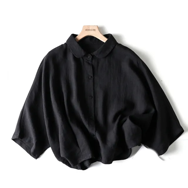 Off Shoulder Short Sleeve Shirt Lapel Casual Literature Black - Shop at LoveMi