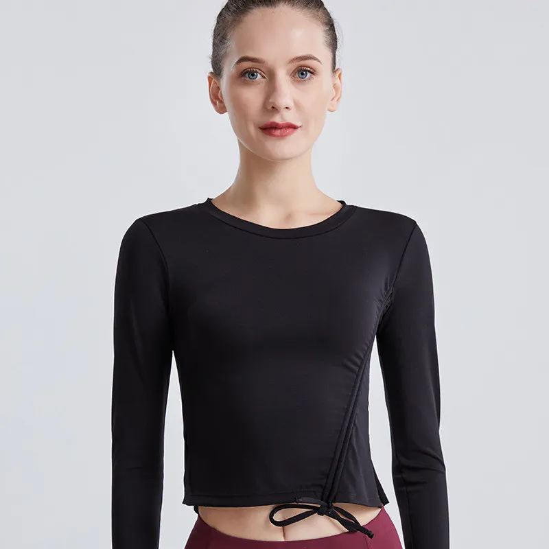 Slimming Bow Drawstring Skinny Long Sleeve Top - Black