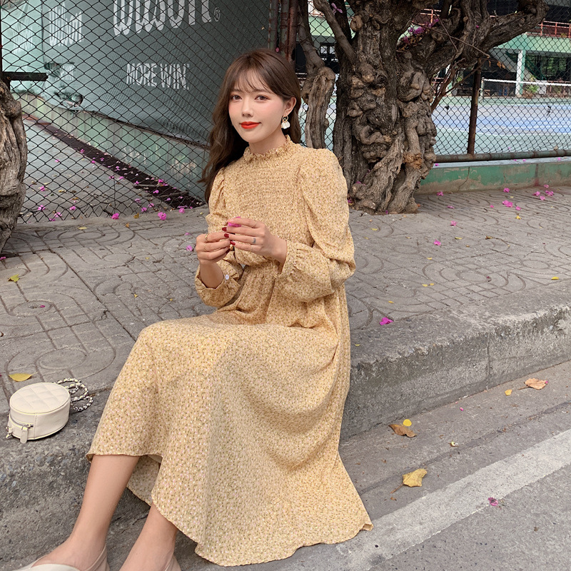 Long Sleeve Turtleneck Floral Waist Chiffon Dress