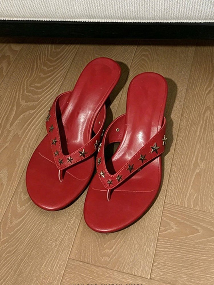 Women's Summer Star Studded Fashion Thong High Heel Slide Sandals, Outdoor Beach Clip-Toe Heeled Flip Flops