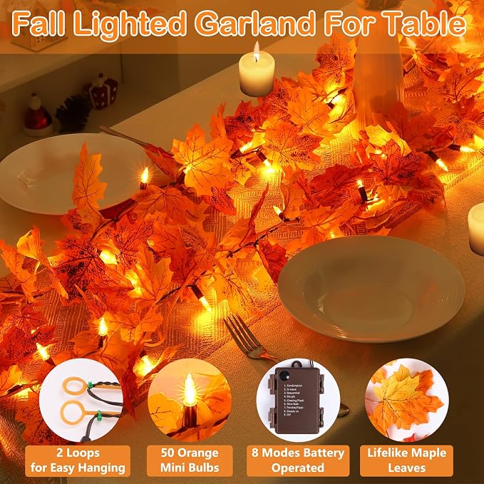 10FT 50 LED Fall Garland With Lights, Battery Operated Timer Garland With Orange Bulbs For Autumn Decor 2