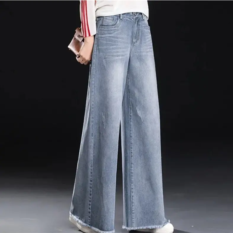 Raw Hem Wide Legs Jeans for Women Baggy Straight