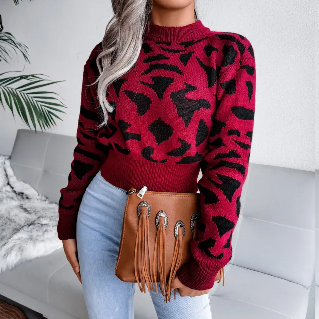 Women Casual Leopard Print Cinched Knit Cropped Sweater Red - Shop at LoveMi