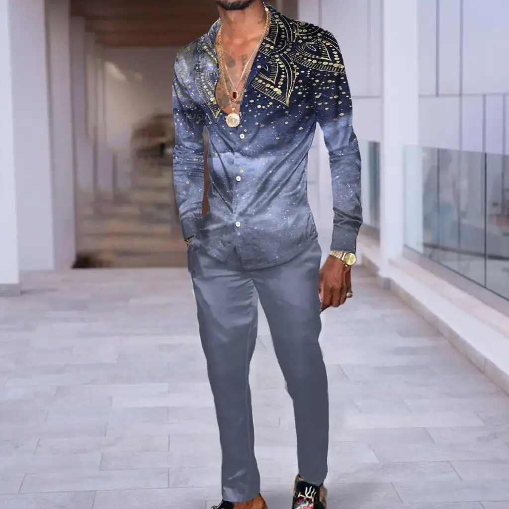 Hip Hop Hong Kong Style Fashion 3D Printing Casual Long Sleeve Shirt Suit