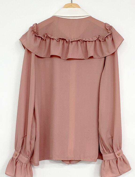 Title 3, Bowknot Solid Color Ruffled Long-sleeved Shirt