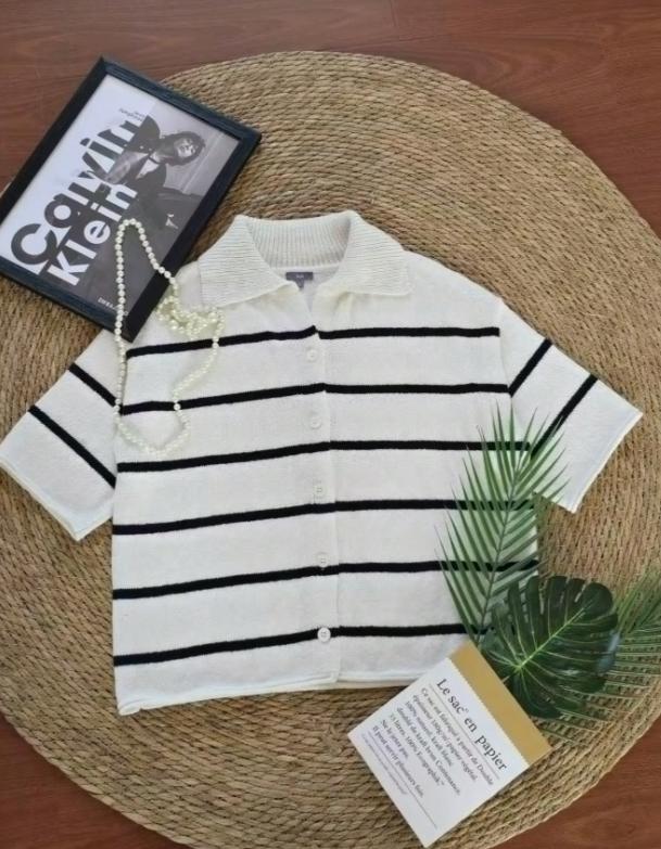 women’s striped sleeve knit cardigan