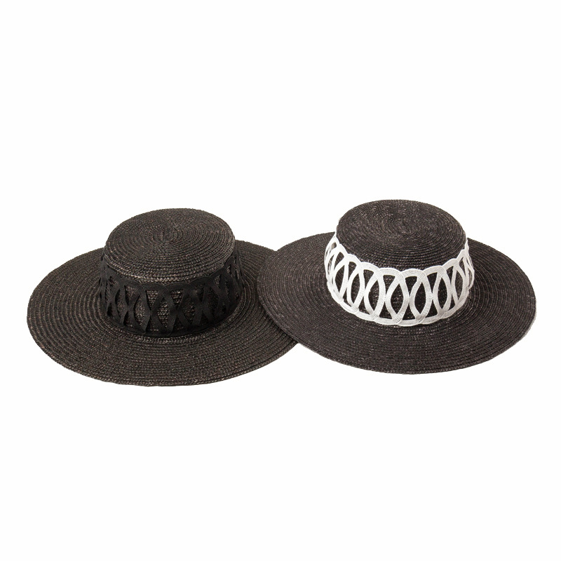 New Grid Decoration Flat Top Straw Straw Hat Outdoor Sun Protection