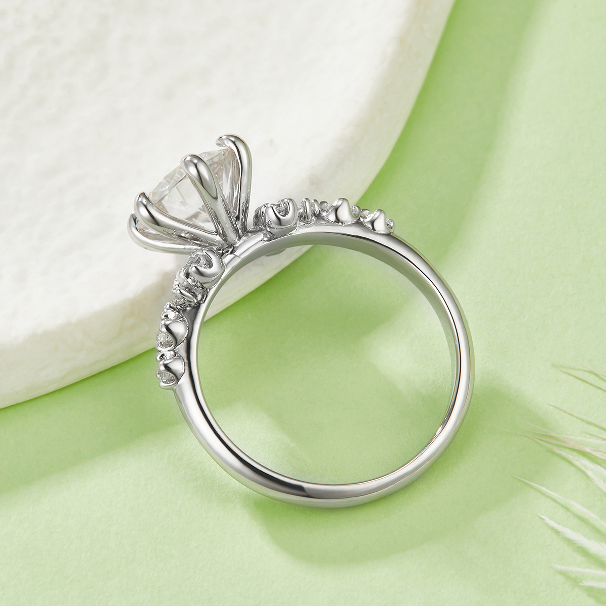 S925 Sterling Silver 2ct Moissanite Ring, 8mm D-VVS1 Round Cut With Floral Accent Band, Platinum Plated US Sizes 5-9, GRA Certified Gift Box 3