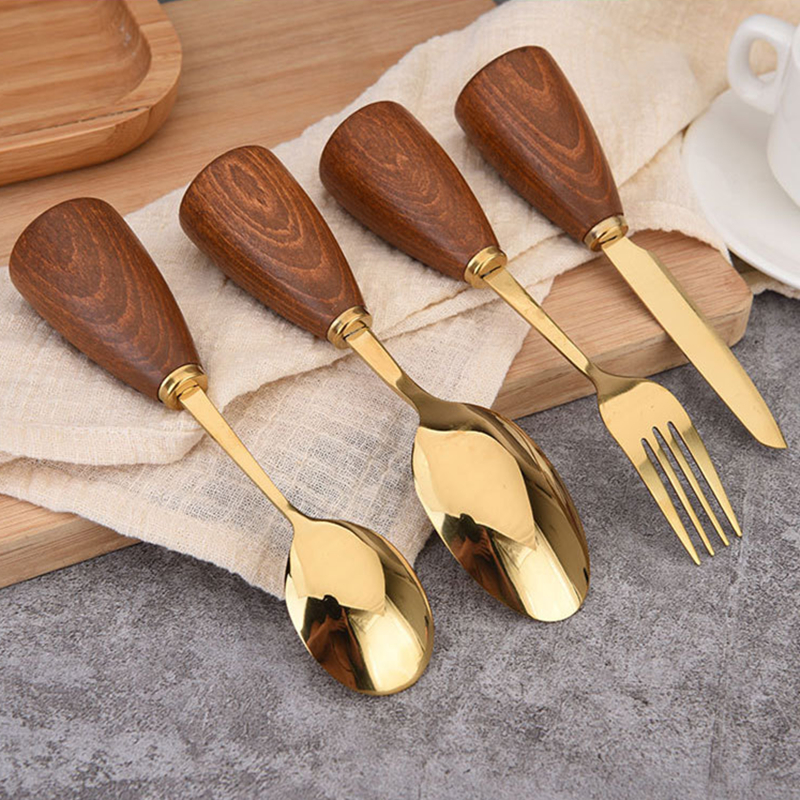 Wooden Handle Stainless Steel Knife Fork Spoon Light Luxury Cute Tableware Set