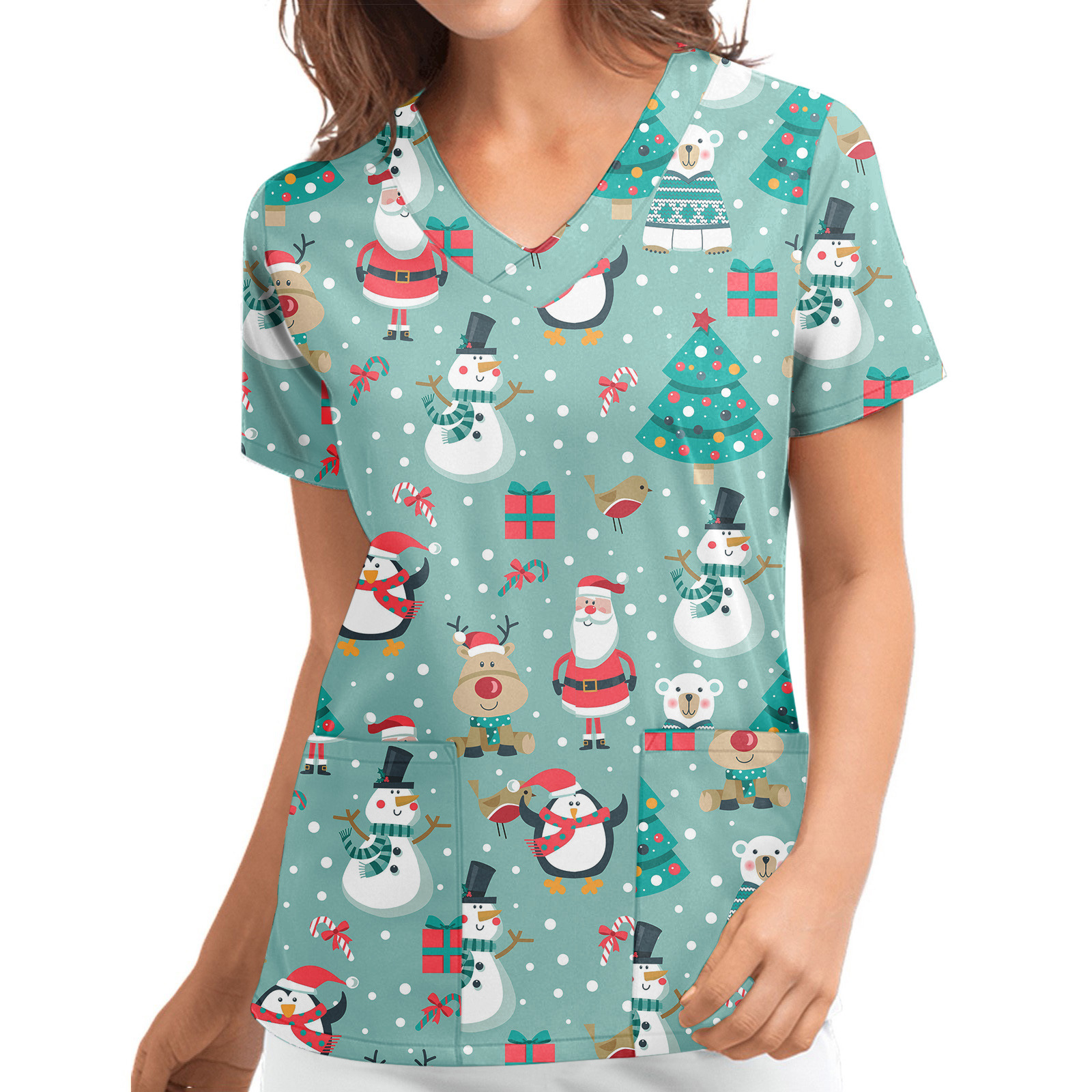 Title 10, Christmas Printed V-neck Short Sleeve Workwear ...