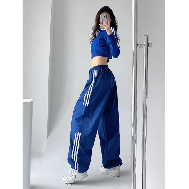 Three Bar Wide Leg Cargo Pants Blue - Shop at LoveMi