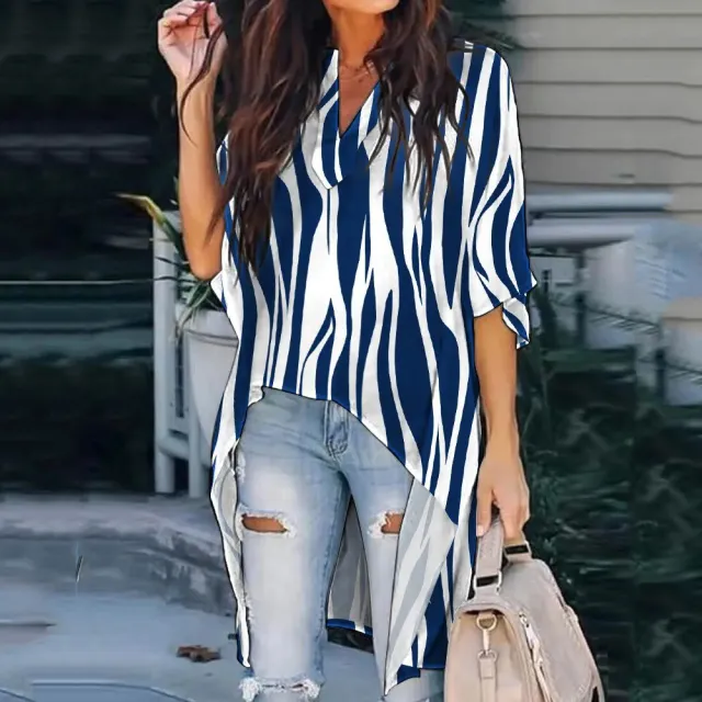 European And American Women's Printed V neck Dolman Sleeve Casual Irregular Shirt Blue - Shop at LoveMi
