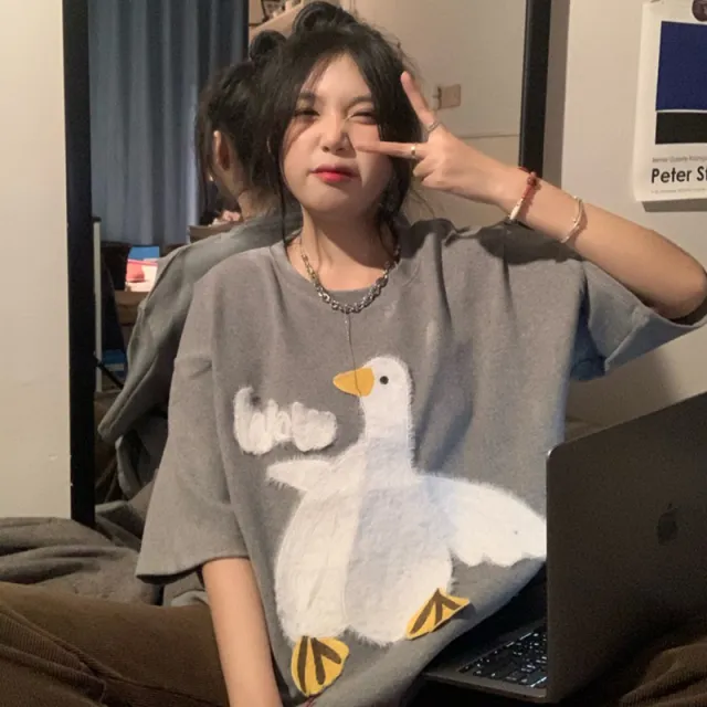 Women's Japanese Style Duck Loose Short Sleeve Grey - Shop at LoveMi