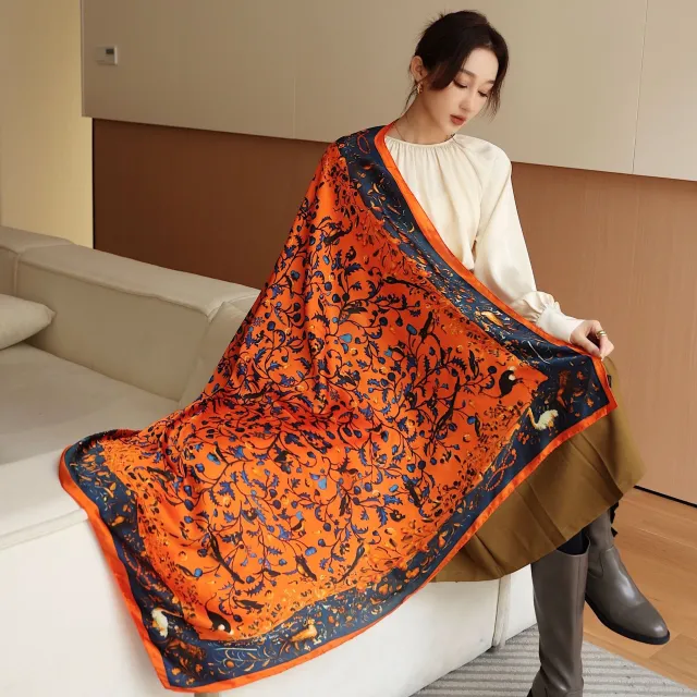 Women's Square Scarf Cashew Satin Print S11087 Flower And Bird - Shop at LoveMi