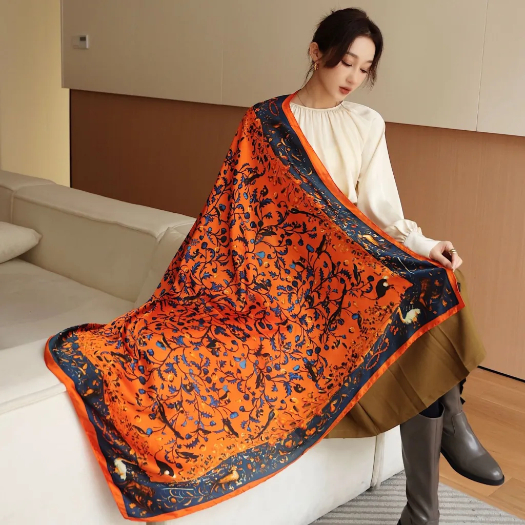 Women's Square Scarf Cashew Satin Print - S11087 Flower And Bird