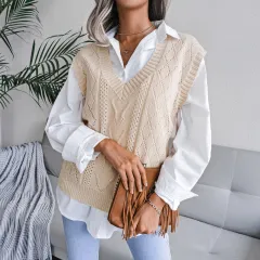 European And American Hollowed Out Twist V-neck Knitted Vest Sweater - Apricot - View 1