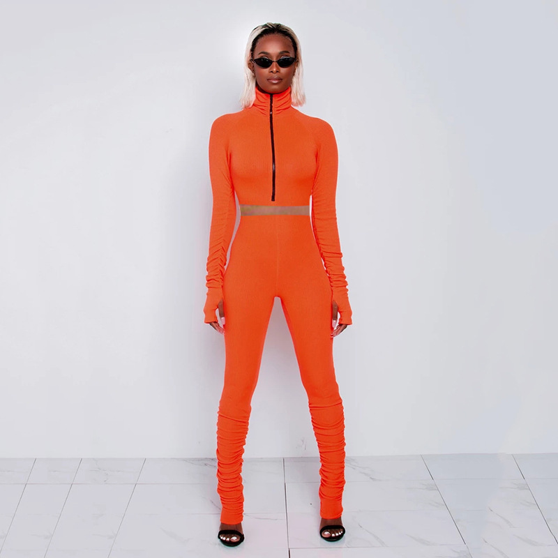 Fashion Casual Women's Pit Strip Pleated High neck Two piece Suit Orange - Shop at LoveMi