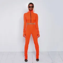 Fashion Casual Women's Pit Strip Pleated High-neck Two-piece Suit - Orange - View 1