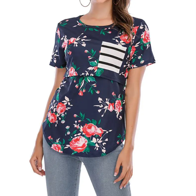 Multifunctional Striped Print Stitching Short-sleeved Nursing Clothes