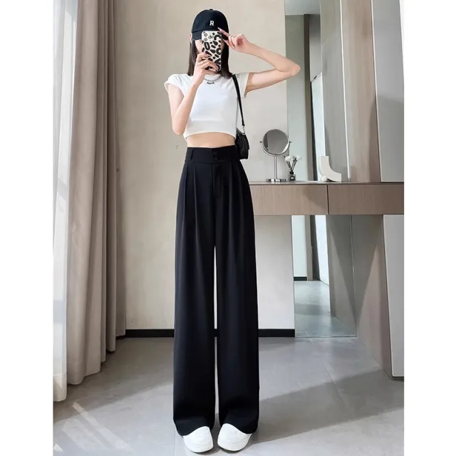 High end Drape Suit Pants For Women High Waist Straight Ice Silk Narrow Version Wide Leg Long Pants Black - Shop at LoveMi