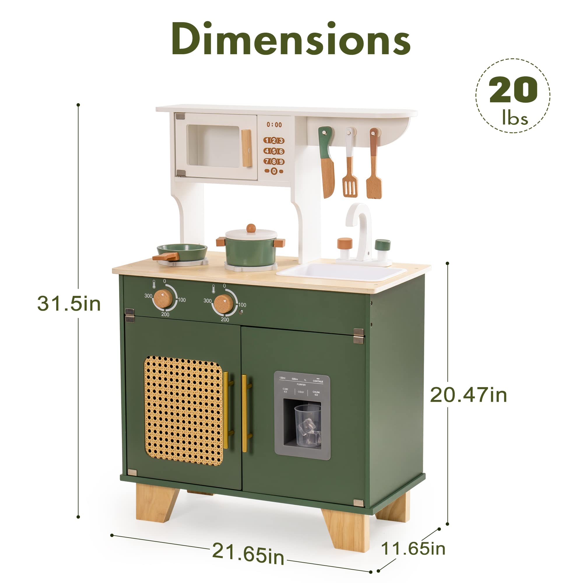 Green Wooden Kitchen Toy Set with Accessories. Material :Wood Brand:ROBUD Item dimensions L x W x H:55 x 28 x 79 centimetres Age range (description):Kid About this item Wooden kitchen play set: the preschool kitchen sets are made of natural wood, sturdy a