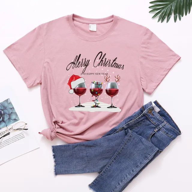 Christmas Three Wine Glasses Print Short Sleeve Dark Pink - Shop at LoveMi