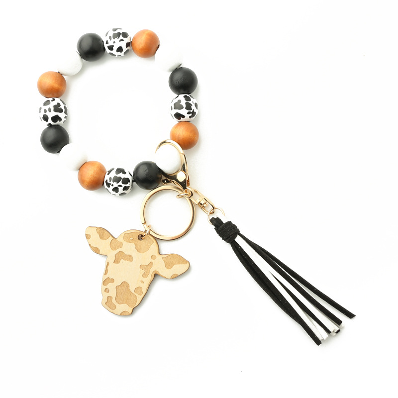 Title 8, Wooden Beads Bracelet Bull Head Keychain