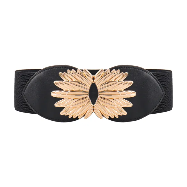 New Autumn Winter Black Elastic Waistband Sunflower Alloy Buckle Waist Cover All Match Slim Elegant Design Decorative Coat Black - Shop at LoveMi