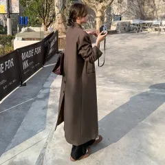 Women's High-quality Knee-length Long Suit Trench Coat - Brown - View 1