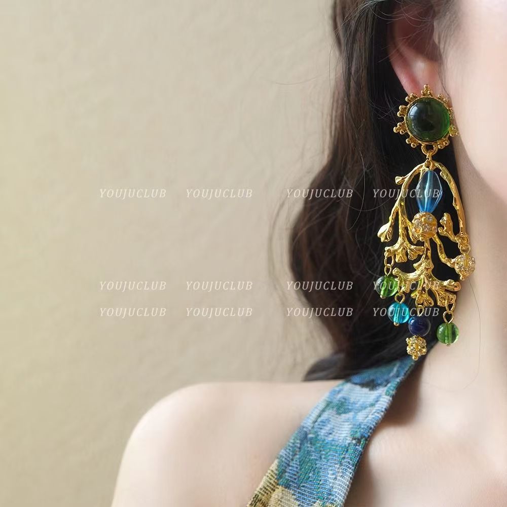 Vintage Blue Gem Crystal Earrings, Exotic Ethnic Clip On Earrings